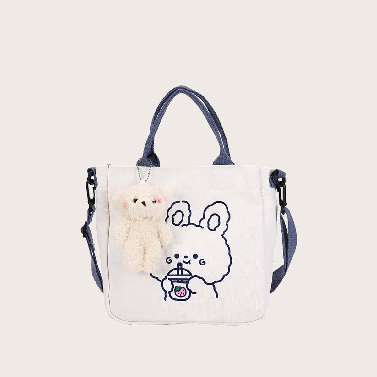 

Cartoon Bear Canvas Tote Bag, White