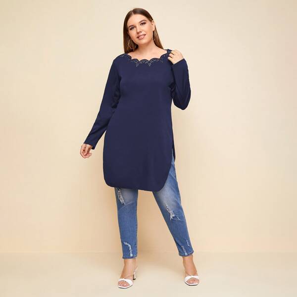 

Plus Laser Cut Split Hem Longline Tee, Navy blue