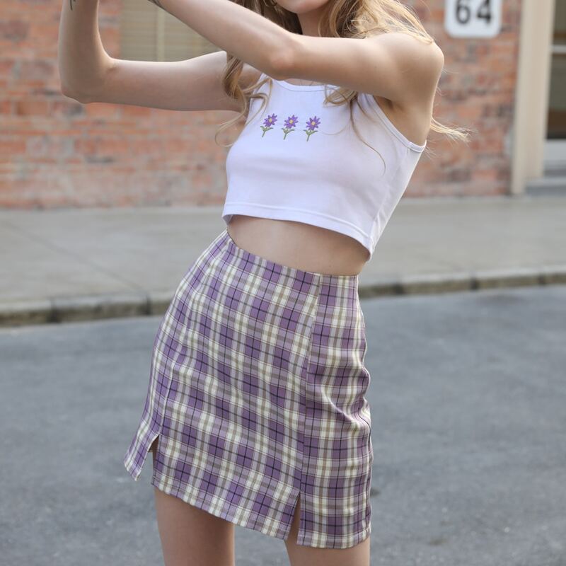 

Flower Embroidery Cami & Plaid Slit Skirt, Multicolor