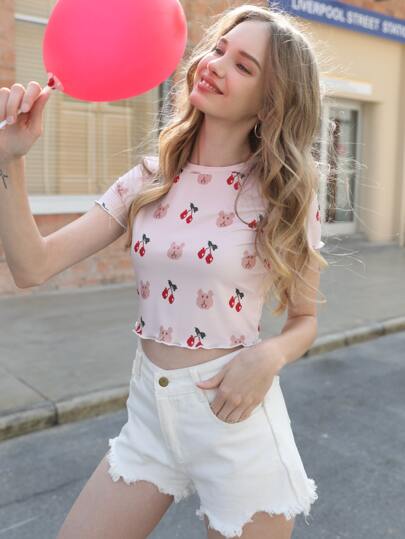 Bear & Cherry Print Crop Tee
