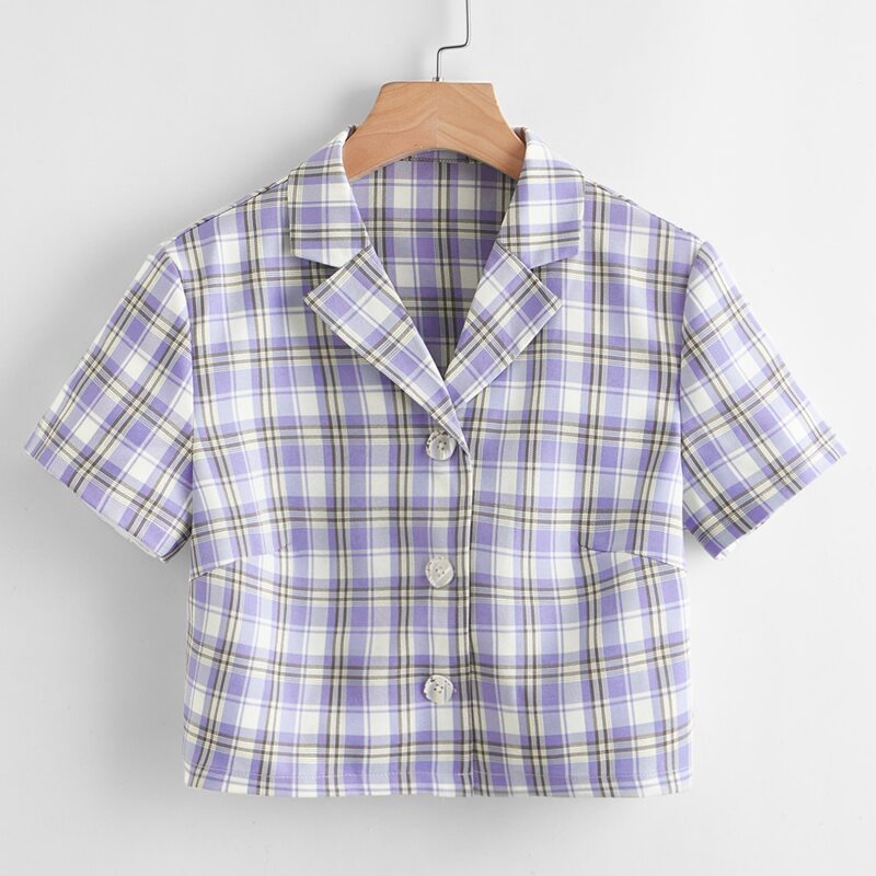 

Lapel Neck Plaid Crop Shirt, Multicolor