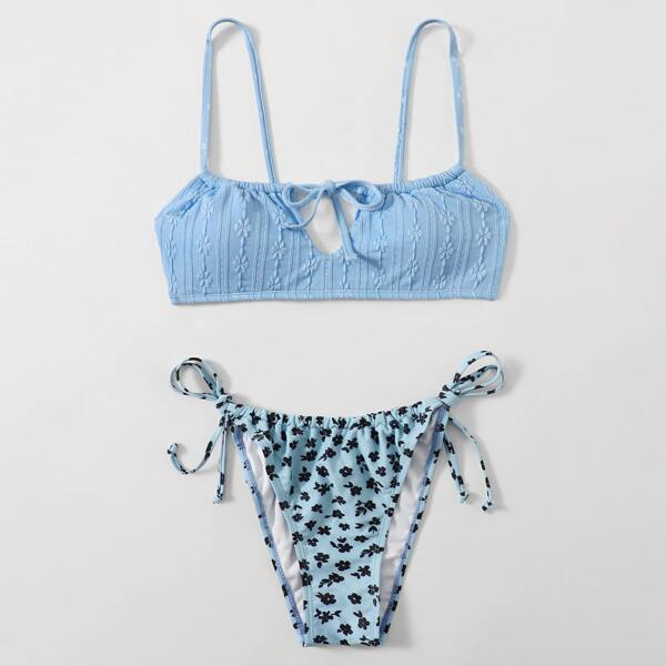 

Бикини с цветочным принтом с завязками по бокам, Синий