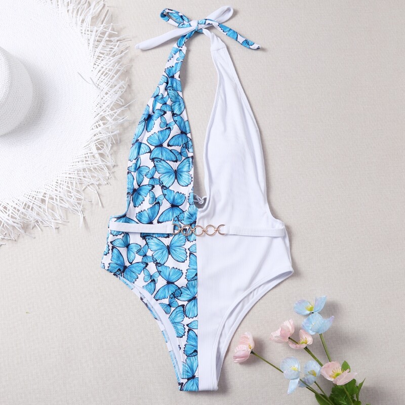 

Butterfly Print Spliced Plunging One Piece Swimsuit, Blue and white