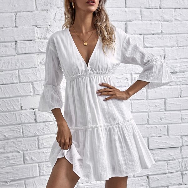 

Flounce Sleeve Frill Trim Dress, White