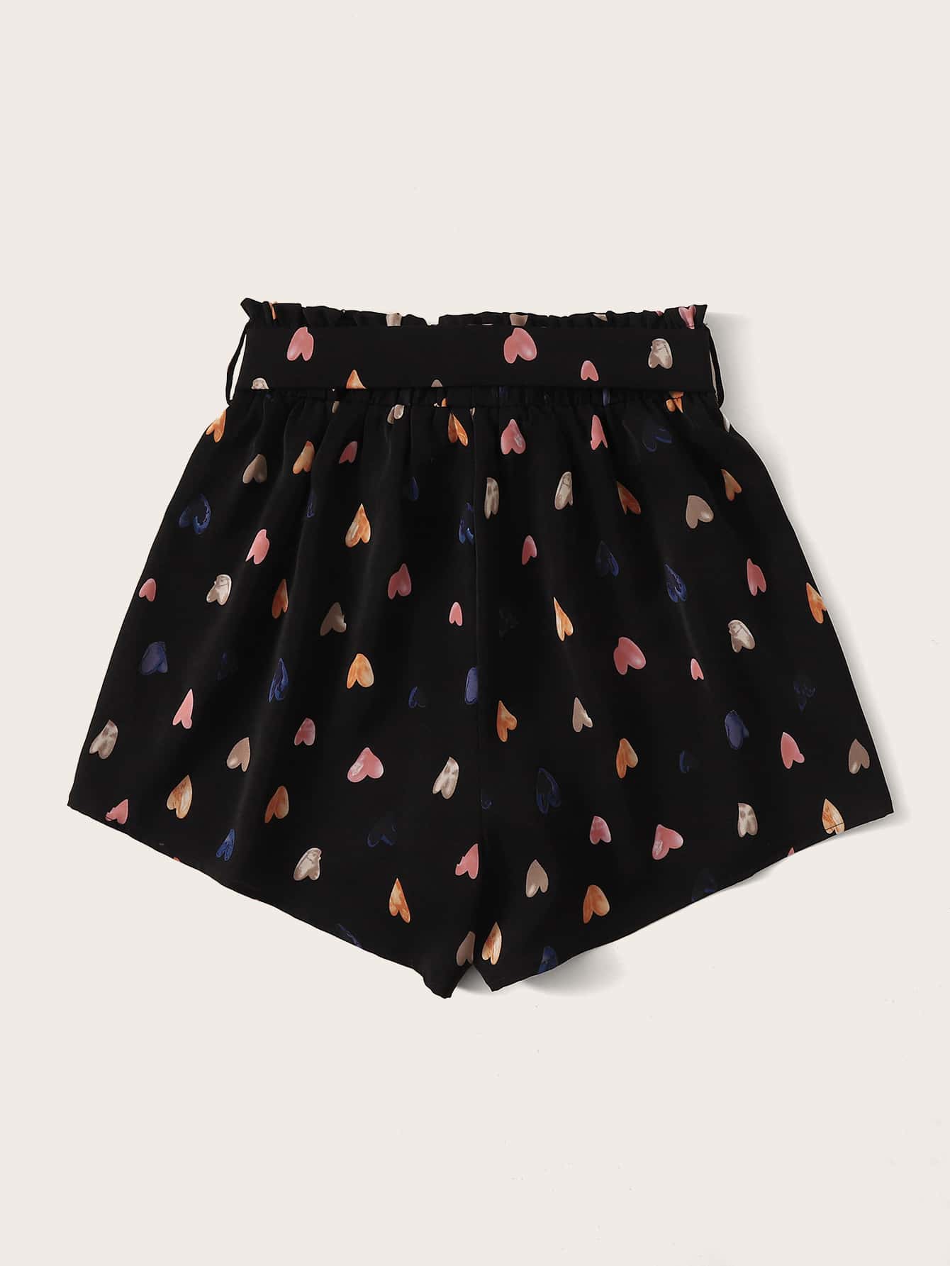 Shorts con cinturón con estampado de corazón - Negro - Añade 2