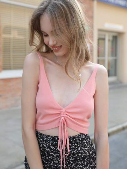 Drawstring Front Crop Knit Top