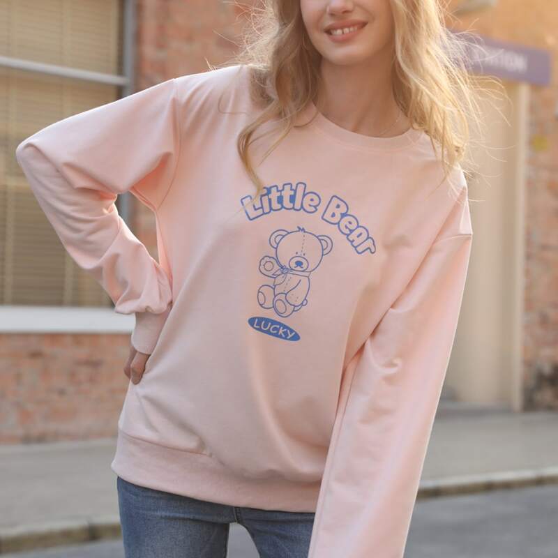 

Cartoon Bear Drop Shoulder Sweatshirt, Baby pink