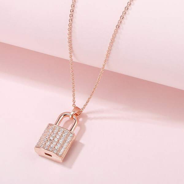 

Rhinestone Lock Charm Necklace, Rose gold