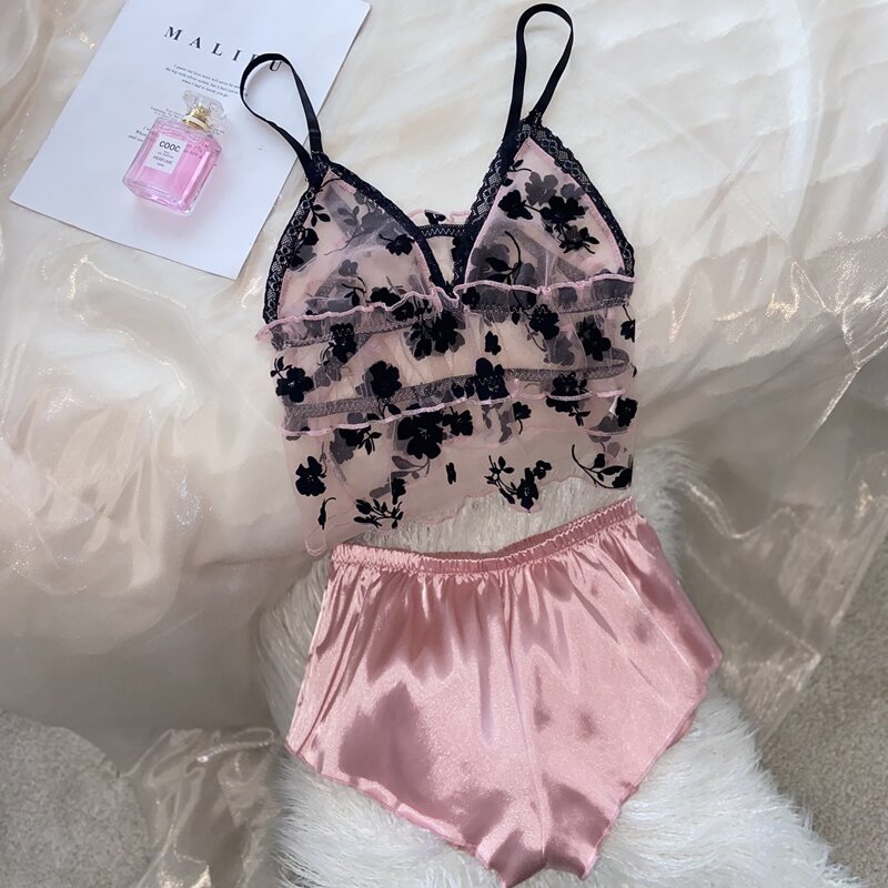 

Mesh Sheer Cami Top & Satin Shorts Night Set, Multicolor