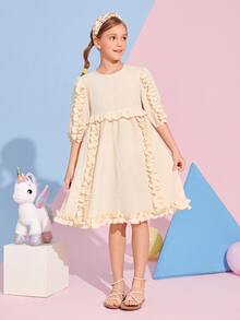 SHEIN Girls Frill Trim Solid Smock Dress - Beige - View 3