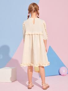 SHEIN Girls Frill Trim Solid Smock Dress - Beige - View 2