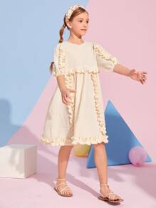 SHEIN Girls Frill Trim Solid Smock Dress - Beige - View 1