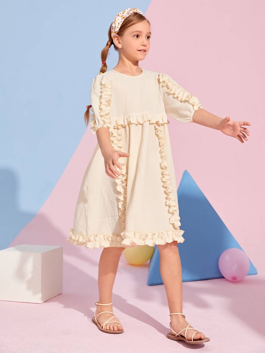 SHEIN Girls Frill Trim Solid Smock Dress - Beige - View 1