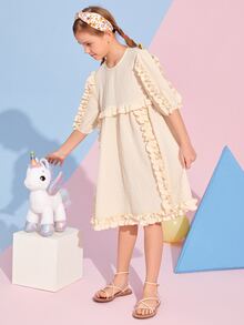 SHEIN Girls Frill Trim Solid Smock Dress - Beige - View 4