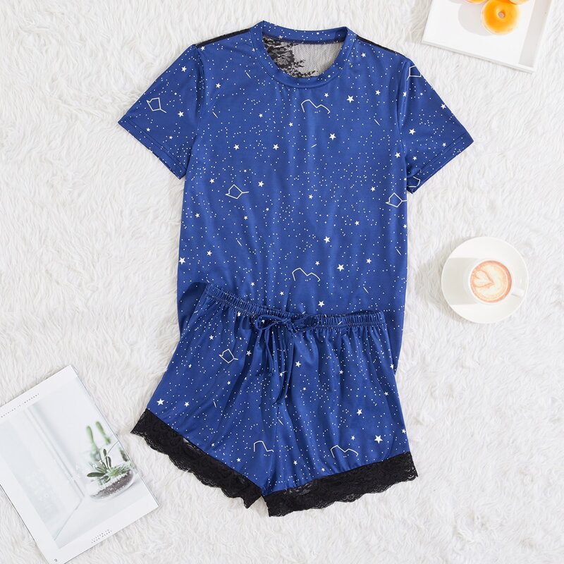 

Lace Panel Galaxy Print Pajama Set, Blue