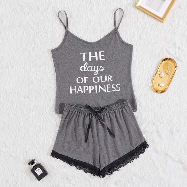 

Slogan Graphic Lace Panel Cami Pajama Set, Grey