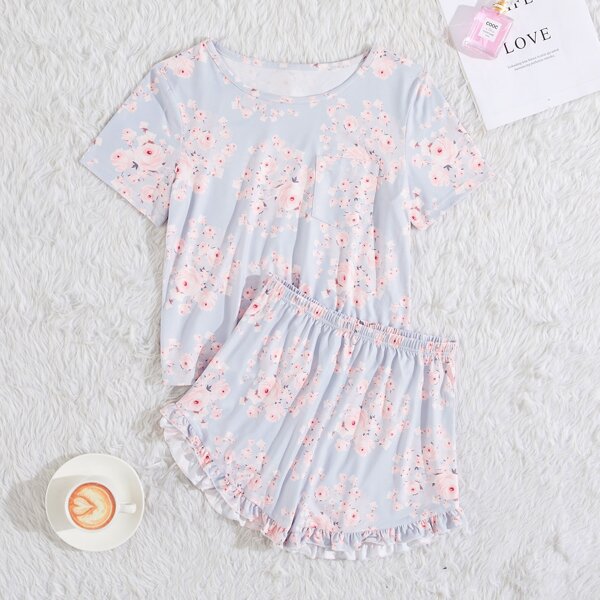 

Floral Print Ruffle Hem Pajama Set, Multicolor