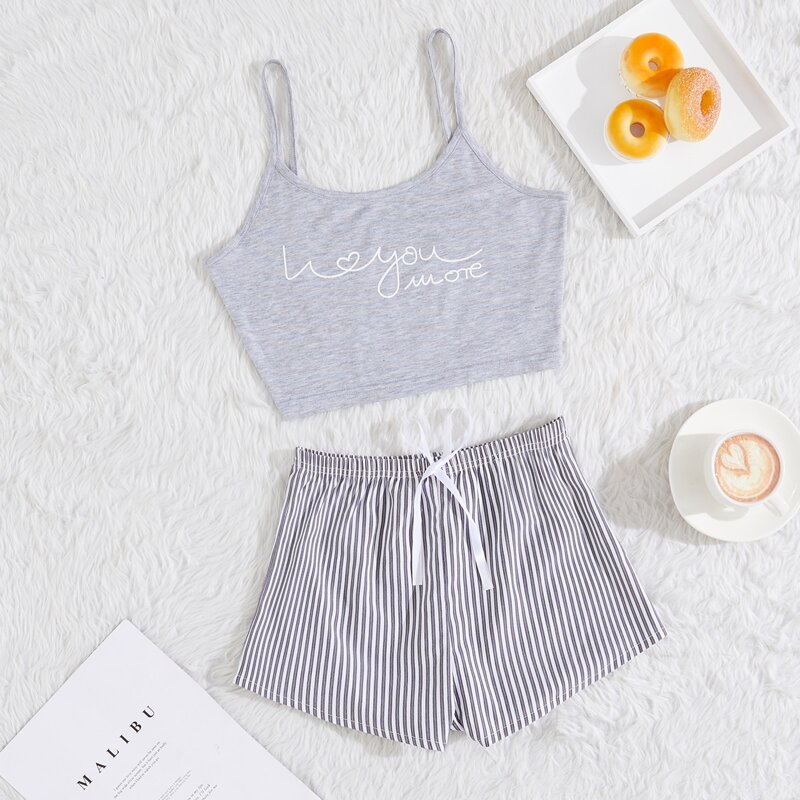 

Slogan And Striped Cami Pajama Set, Grey
