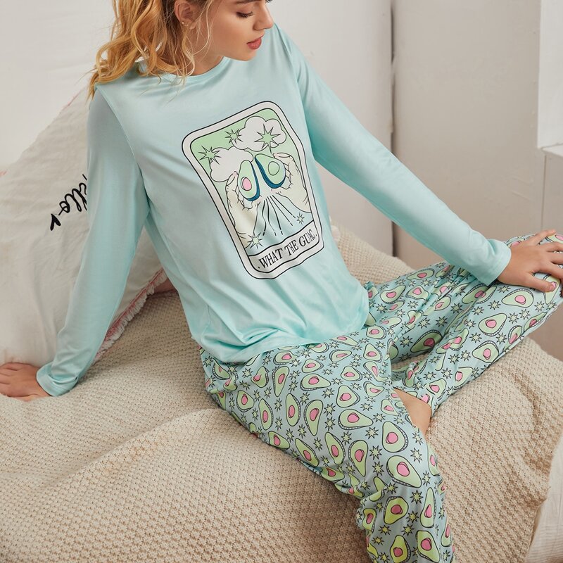 

Avocado And Cartoon Graphic Pajama Set, Multicolor