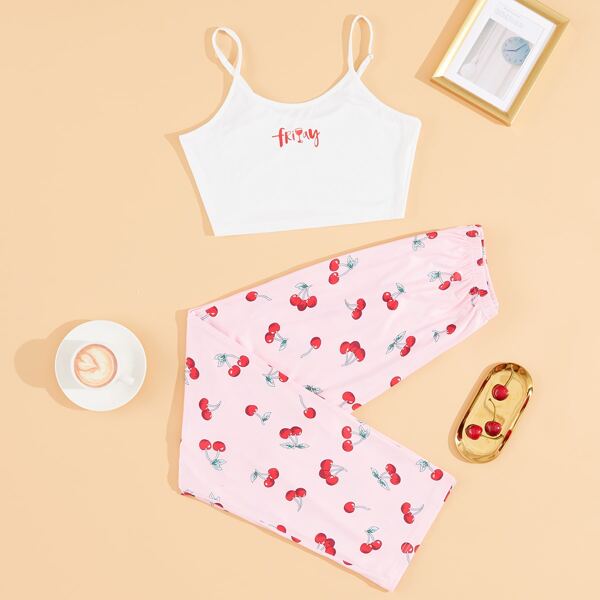 

Cherry And Letter Graphic Pajama Set, Multicolor