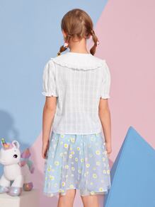 SHEIN 女孩褶邊泡泡袖襯衫和小雛菊網紗半身裙套裝