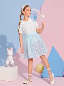 SHEIN 女孩褶邊泡泡袖襯衫和小雛菊網紗半身裙套裝