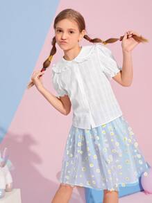 SHEIN 女孩褶邊泡泡袖襯衫和小雛菊網紗半身裙套裝