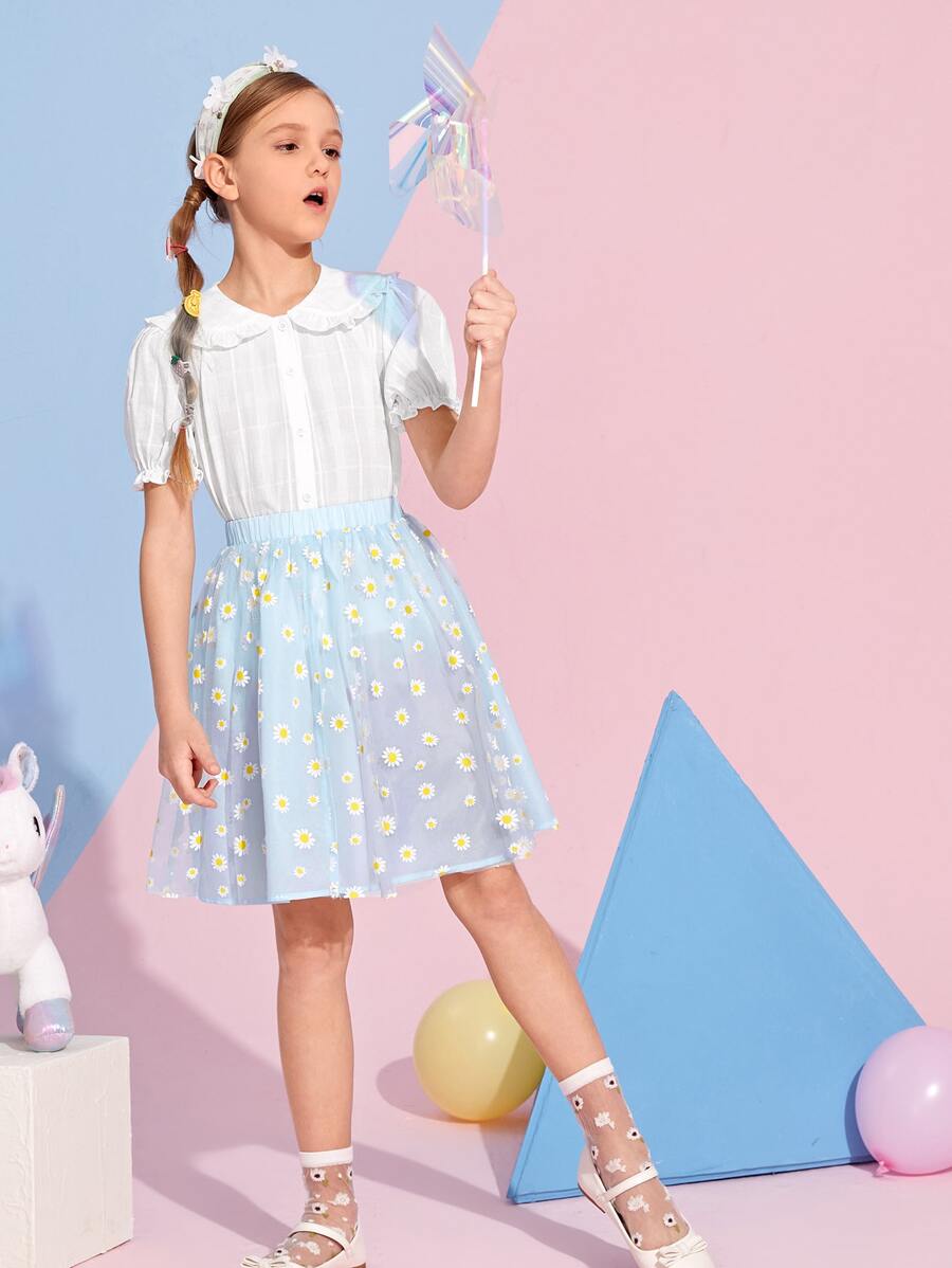 SHEIN 女孩褶邊泡泡袖襯衫和小雛菊網紗半身裙套裝