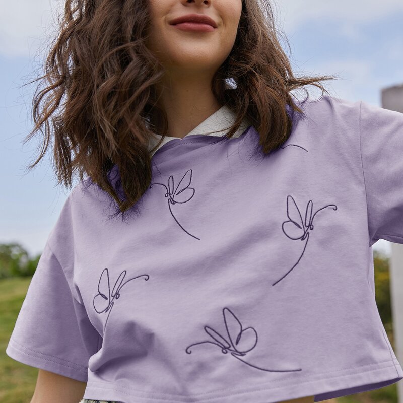 

Contrast Collar Butterfly Embroidery Crop Tee, Lilac purple