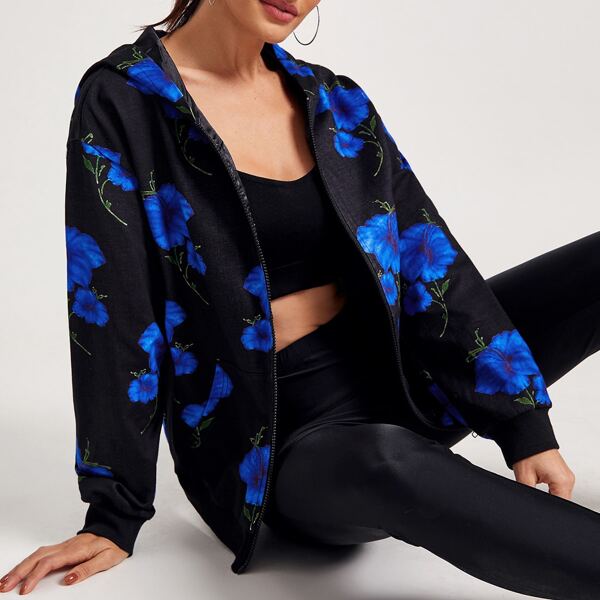 

Floral Print Zip Up Hoodie, Multicolor