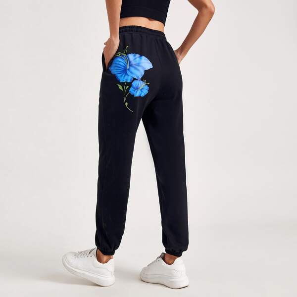 

Floral Print Pocket Front Sweatpants, Black