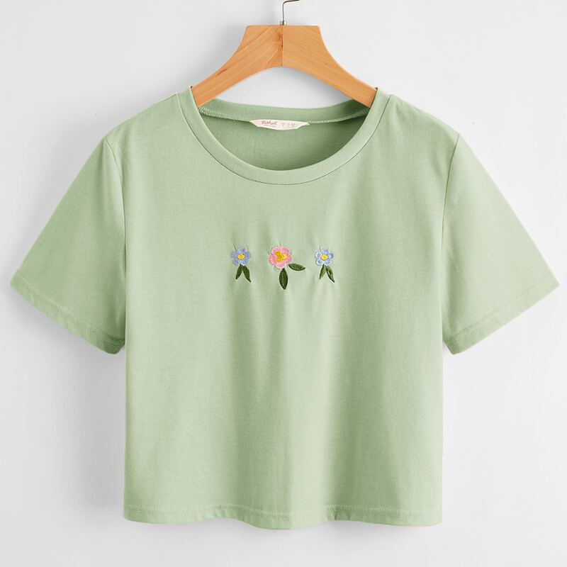 

Flower Embroidery Crop Tee, Mint green