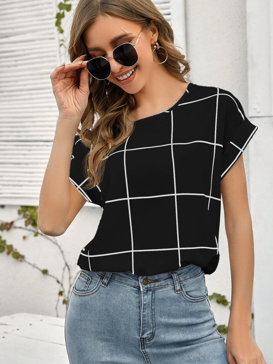 SHEIN LUNE Windowpane Plaid Rolled Cuff Blouse - Black - View 1