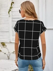 SHEIN LUNE Windowpane Plaid Rolled Cuff Blouse - Black - View 2