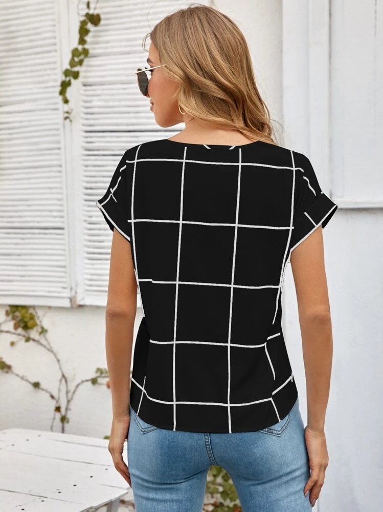 SHEIN LUNE חולצת שרוול מגולגלת משובצת חלון - שחור - ראה 2