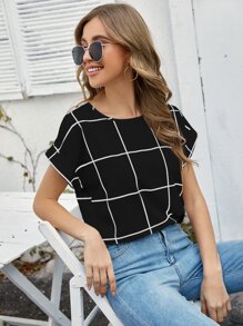 SHEIN LUNE Windowpane Plaid Rolled Cuff Blouse - Black - View 3