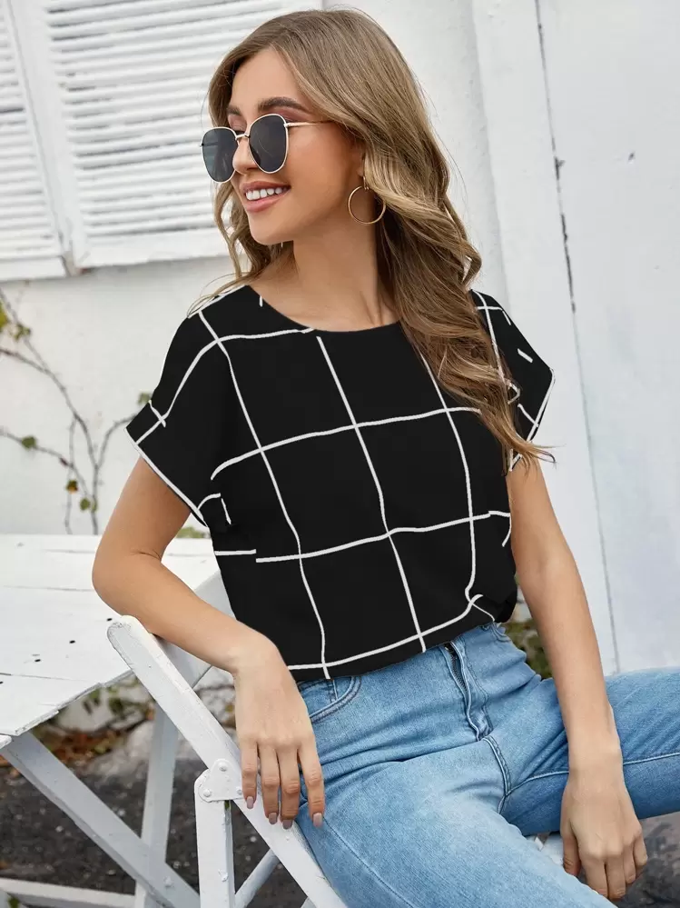 SHEIN LUNE חולצת שרוול מגולגלת משובצת חלון - שחור - ראה 3