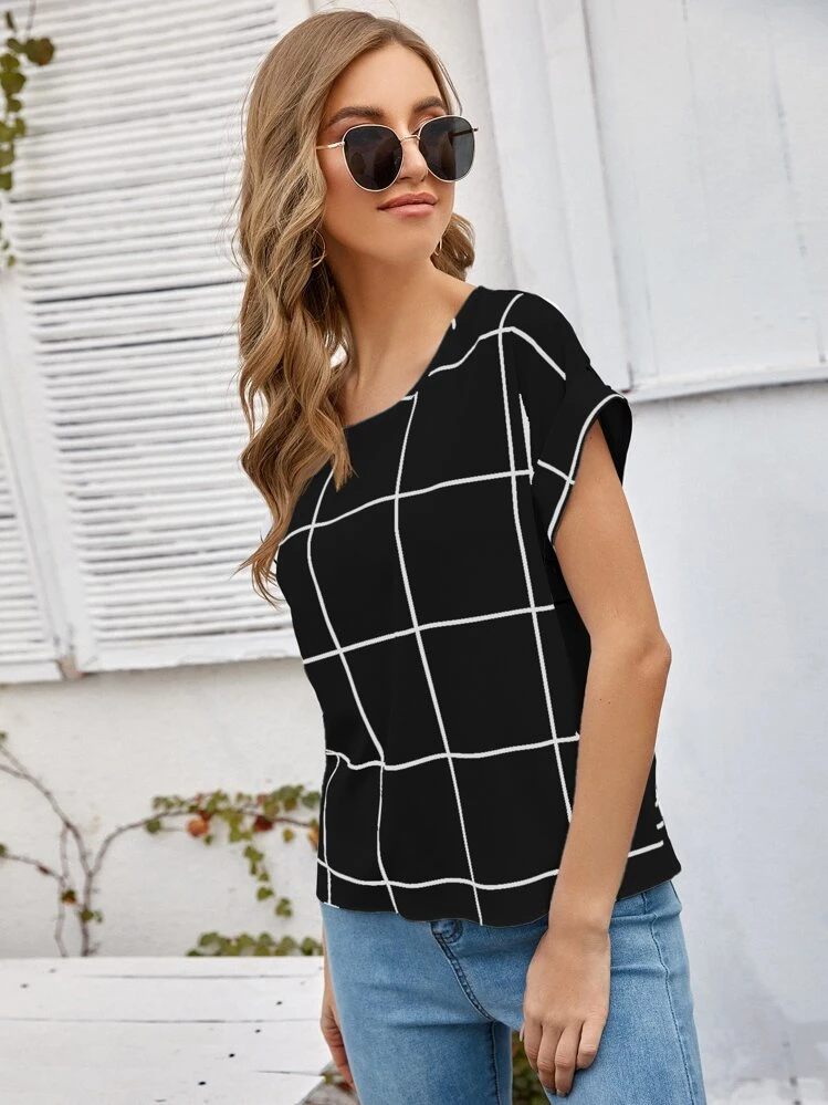SHEIN LUNE חולצת שרוול מגולגלת משובצת חלון - שחור - ראה 4