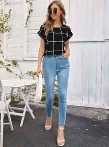 SHEIN LUNE Windowpane Plaid Rolled Cuff Blouse - Black - View 5