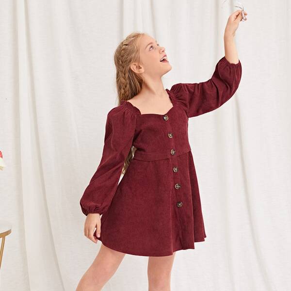 

Girls Lantern Sleeve Solid Cord Dress, Burgundy