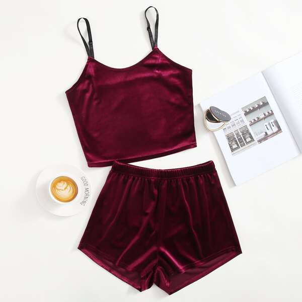 

Velvet Cami Top With Shorts Night Set, Burgundy