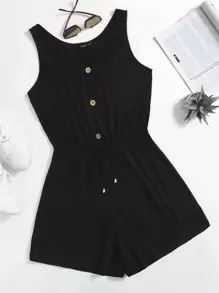 SHEIN LUNE 大碼方形領紐扣細節結飾腰背心連身短褲 - 黑色 - 查看 1