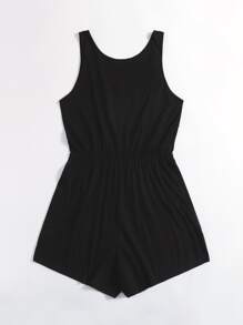 SHEIN LUNE 大碼方形領紐扣細節結飾腰背心連身短褲 - 黑色 - 查看 2