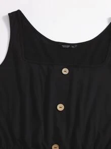 SHEIN LUNE 大碼方形領紐扣細節結飾腰背心連身短褲 - 黑色 - 查看 4