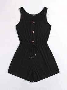 SHEIN LUNE 大碼方形領紐扣細節結飾腰背心連身短褲 - 黑色 - 查看 5