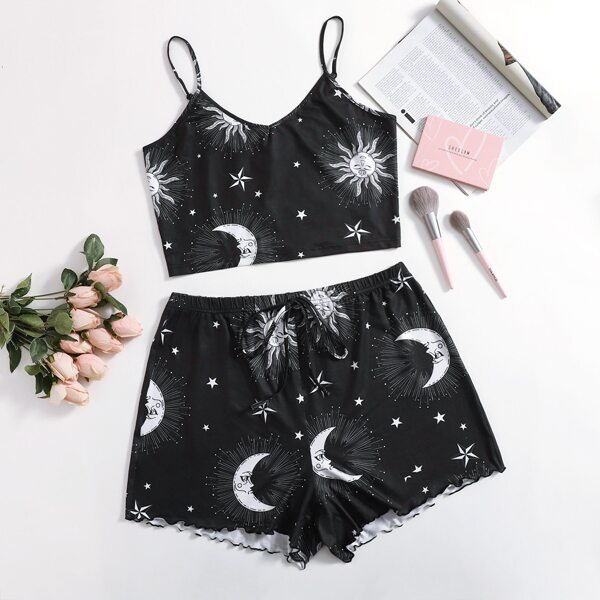 

Plus Galaxy Print Crop Cami Top & Lettuce Trim Shorts Set, Black and white