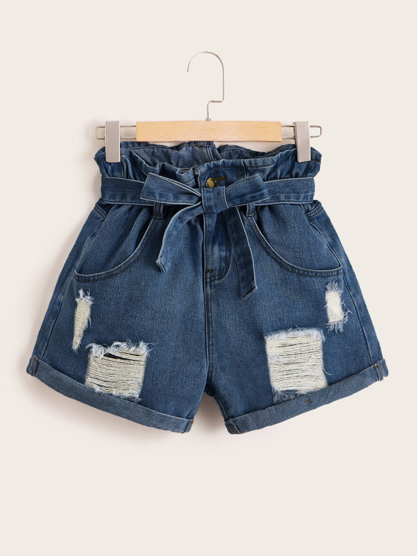 SHEIN Belted Paperbag Waist Denim 