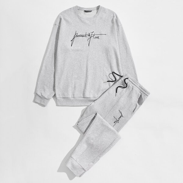 

Men Drop Shoulder Embroidery Letter Pullover & Joggers Set, Light grey