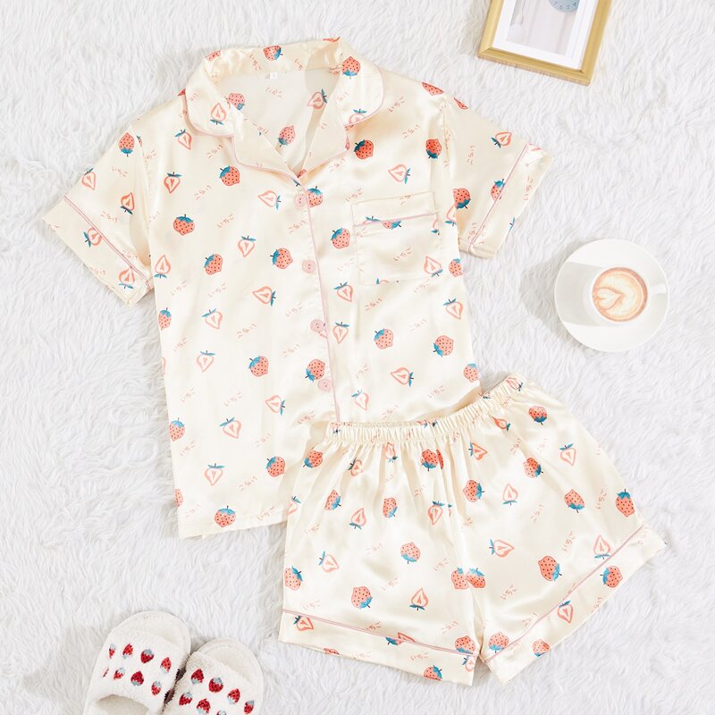 

Allover Strawberry Satin Night Set, Beige