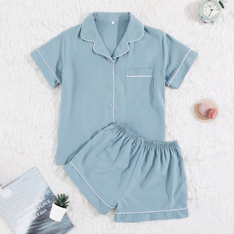 

Contrast Binding Button Front Night Set, Dusty blue